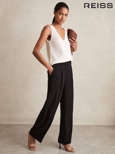 Reiss Black Eden Elasticated-Waist Wide-Leg Twill Trousers (AK0897) | £128