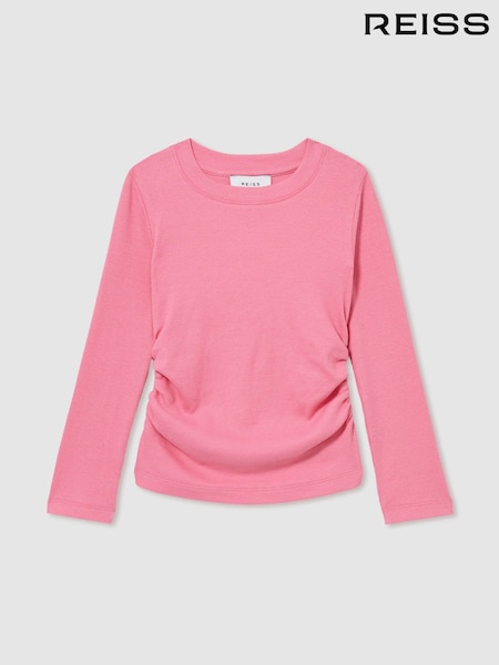 Reiss Pink Trina Cotton-Jersey Ruched Long-Sleeve T-Shirt (AK0906) | £17