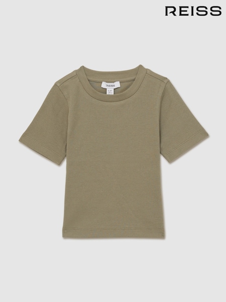 Reiss Khaki Victoria 13-14 yrs Cotton-Jersey Ribbed Short-Sleeve T-Shirt (AK0945) | £13