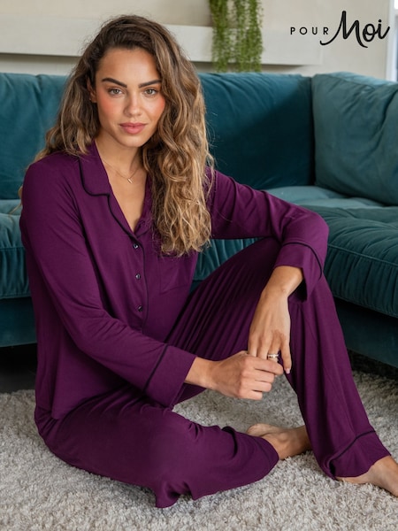 Pour Moi Purple Bamboo Jersey Button Through Revere Collar Pyjamas Set (AK0981) | £49