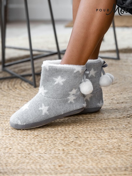 Pour Moi Grey Star Knit Faux Fur Lined Bootie Slippers (AK1028) | £26