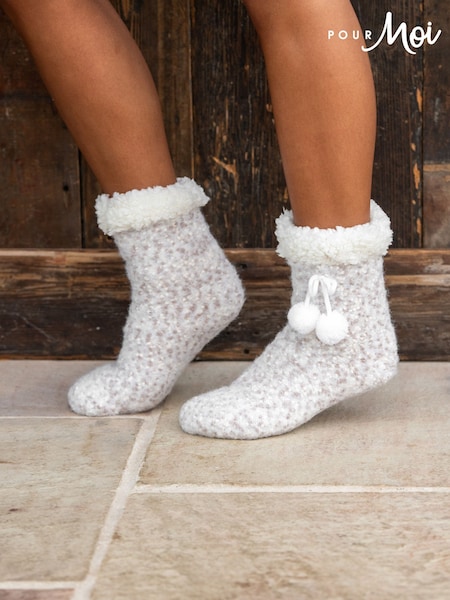 Pour Moi Cream Cosy Popcorn Knit Lined Slippers Socks (AK1031) | £18