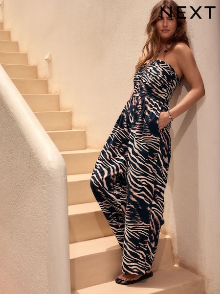 Black/Animal Halter Neck Wide Leg 100% Cotton Jumpsuit (AK1055) | £44