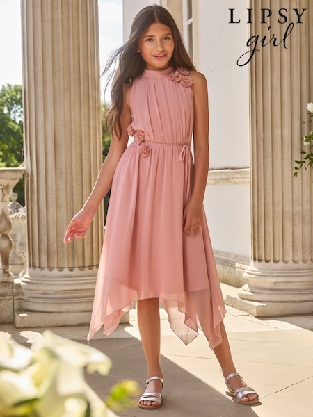 Lipsy Pink Corsage Hanky Hem Occasion Dress (5-16yrs) (AK1399) | £48 - £56