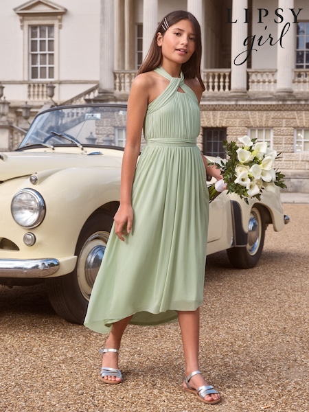 Lipsy Sage Green Twist Halter Occasion Dress (10-16yrs) (AK1409) | £50 - £56