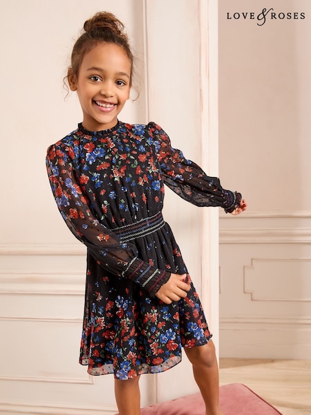 Love & Roses Black Floral Chiffon Long Sleeve Dress (5-16yrs) (AK1439) | £42 - £50