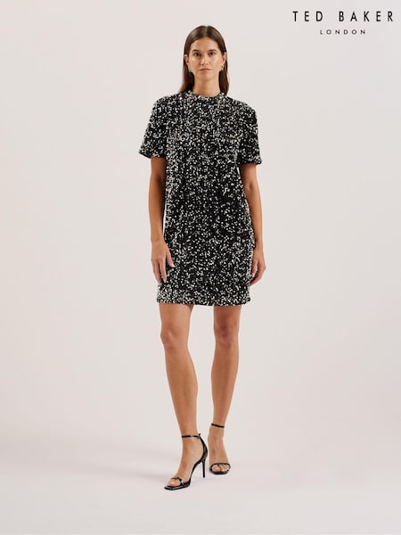 Ted Baker Black Audriyy Velvet Sequin T-Shirt Mini Dress (AK1617) | £159