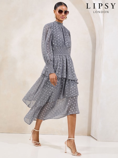 Lipsy Blue Metallic Viscose Long Sleeve Ruffle Midi Dress (AK1650) | £75