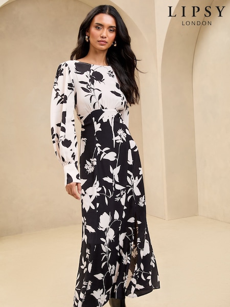Lipsy Black Petite Long Sleeve Split Detail Midi Dress (AK1658) | £59