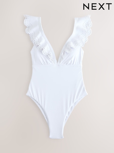 White Plunge Frill Laser Cut Tummy Control Swimsuit (AK1803) | £59