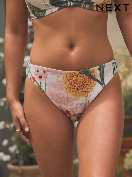 Kew Collection Ecru Cream Floral High Leg Print Bikini Bottoms (AK1907) | £18