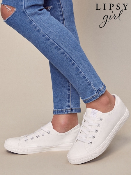 Lipsy White Girls Flat Lace Up Retro Canvas Trainers (AK2027) | £16 - £20