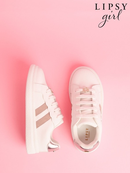 Lipsy Pink Slim Flat Sole Retro Lace Up Glitter Trainers (AK2034) | £25 - £29