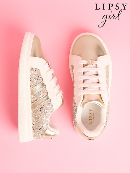 Lipsy Gold Slim Flat Sole Retro Lace Up Glitter Trainers (AK2035) | £25 - £29