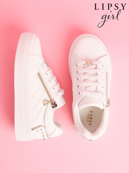 Lipsy White Quilted Lace Up Chunky Flatform Quilted Faux Leather Trainers (AK2037) | £26 - £30