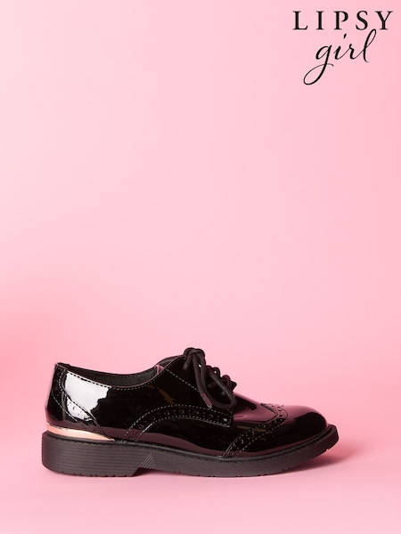 Lipsy Black Flat Patent Lace Up Brogue School Shoes (AK2051) | £29 - £31