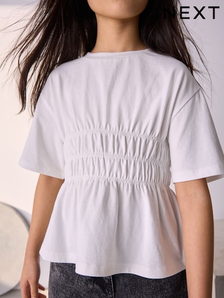 White Shirred Waist T-Shirt (3-16yrs) (AK2083) | £9 - £14