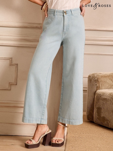 Love & Roses Bleach Wash Blue Double Button Waistband Crop Wide Leg Jeans (AK2212) | £48