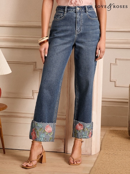 Love & Roses Turn Up Embroidered Mid Wash Blue Crop Wide Leg Jeans (AK2214) | £49