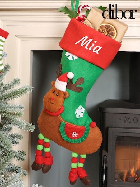 Personalised Green 3D Animated Reindeer Christmas Stocking by Dibor (AK2443) | £19