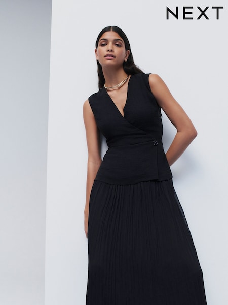 Black Sleeveless V-Neck Waistcoat Pleated Skirt Midi Dress (AK3148) | £69
