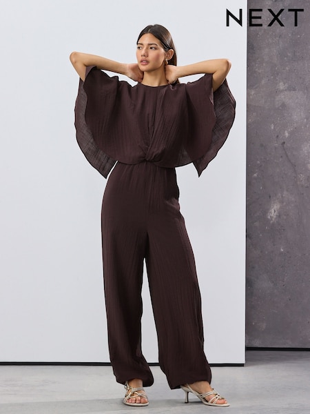 Burgundy Red Short Sleeve Cape Sleeve Jumpsuit (AK3156) | £68