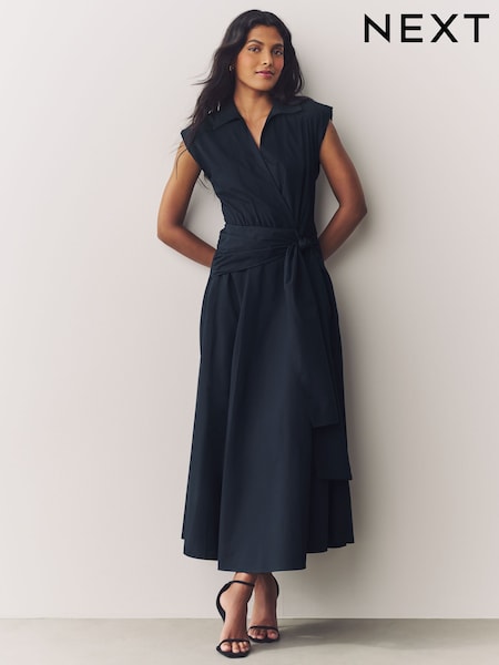 Navy Blue Cap Sleeve Tie Waist Shirt 100% Cotton Dress (AK3158) | £70