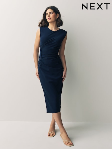 Navy Blue Sleeveless Column Rouched Midi Dress (AK3164) | £64