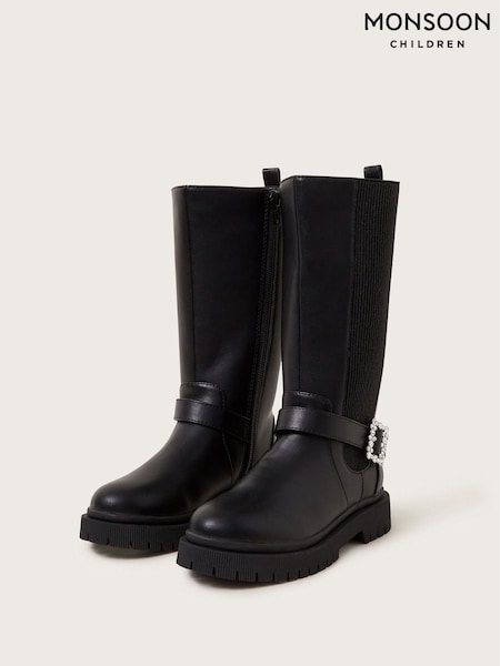 Monsoon Black Diamante Buckle Knee High Boots (AK3168) | £42 - £48
