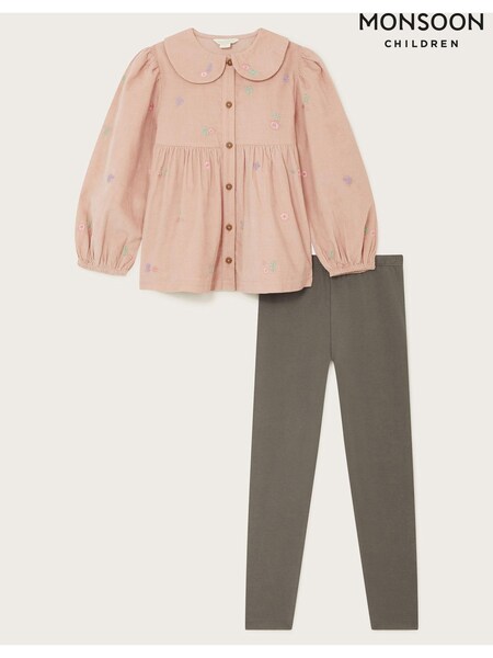 Monsoon Purple 100% Cotton Embroidered Corduroy Blouse and Leggings Set (AK3195) | £17.50 - £20