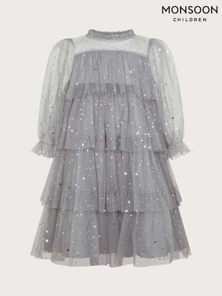 Monsoon Grey Foil Star Tulle Tiered Dress (AK3215) | £46 - £50