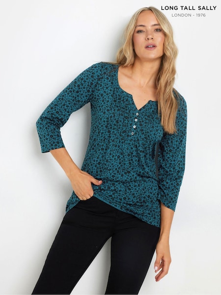 Long Tall Sally Black/Green 3/4 Sleeve Pintuck Henley 100% Cotton Top (AK3435) | £23