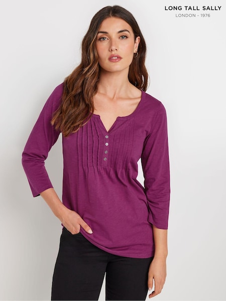 Long Tall Sally Pink 3/4 Sleeve Pintuck Henley 100% Cotton Top (AK3455) | £23