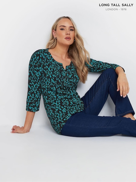 Long Tall Sally Green Chrome 3/4 Sleeve Pintuck Henley 100% Cotton Top (AK3456) | £23