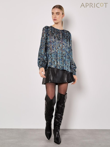 Apricot Blue Metallic Paisley Volume Sleeve Top (AK3499) | £35
