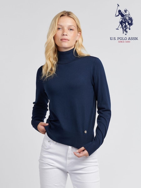 U.S. Polo Assn Blue Womens Roll Neck Fine Knit Jumper (AK3799) | £65
