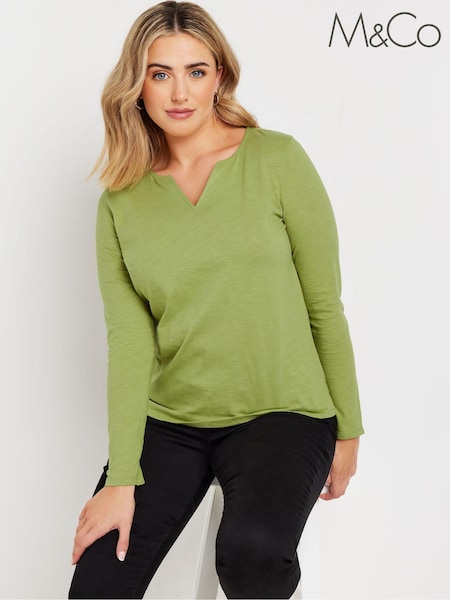 M&Co Black/Green Long Sleeve 100% Cotton Notch Neck Top (AK3819) | £19