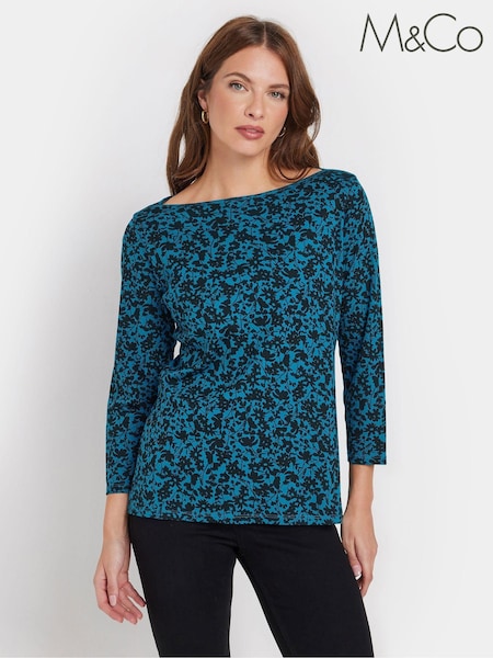 M&Co Blue Floral Slash 100% Cotton Neck Top (AK3839) | £19