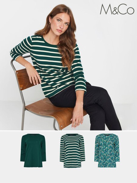 M&Co Green Stripe 100% Cotton T-Shirts 3 Pack (AK3840) | £45