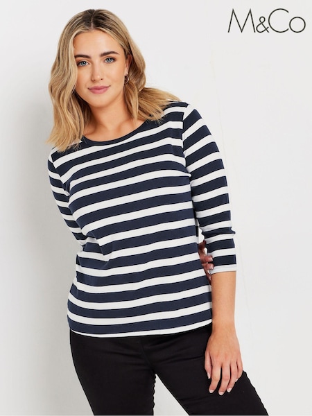 M&Co Blue Stripe 3/4 Sleeve Crew Neck 100% Cotton T-Shirt (AK3842) | £19