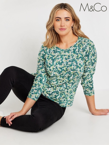 M&Co Green 3/4 Sleeve Crew Neck 100% Cotton T-Shirt (AK3847) | £19