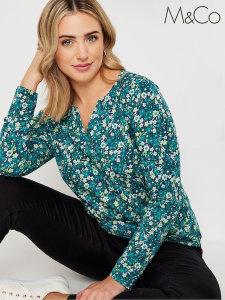 M&Co Green Long Sleeve 100% Cotton Notch Neck Top (AK3852) | £19