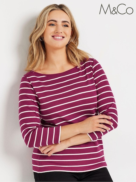 M&Co Purple Stripe 3/4 Sleeve Slash Neck 100% Cotton Top (AK3857) | £19