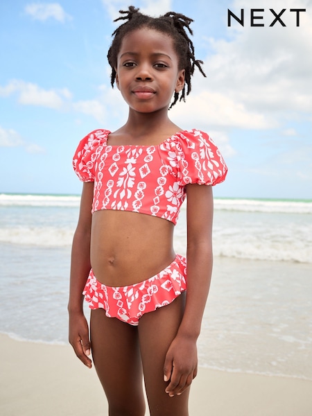 Red/White Woodblock Puff Sleeve Bikini (3-16yrs) (AK3876) | £14 - £19
