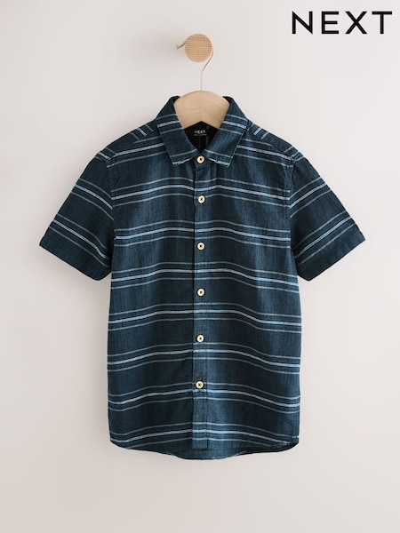 Indigo Blue Stripe Short Sleeve Linen Blend Stripe Shirt (3-16yrs) (AK3921) | £12 - £17