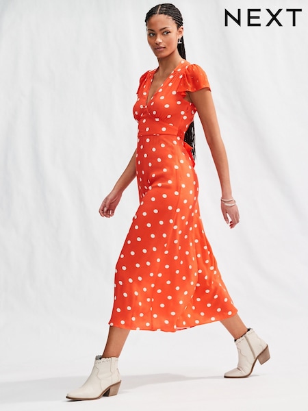 Red/White Spot Flutter Sleeve V-Neck Tie Waist Maxi Dress (AK3959) | £55