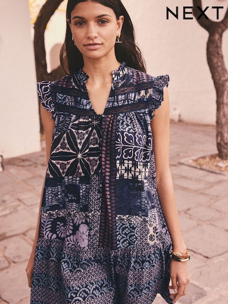 Indigo Blue Tile Geometric Print Boho Frill Detail Lace Insert Mini Dress with Linen (AK3962) | £30