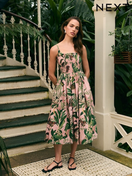Kew Collection Light Pink Floral Square Neck Shired 100% Cotton Poplin Midi Dress (AK3969) | £86