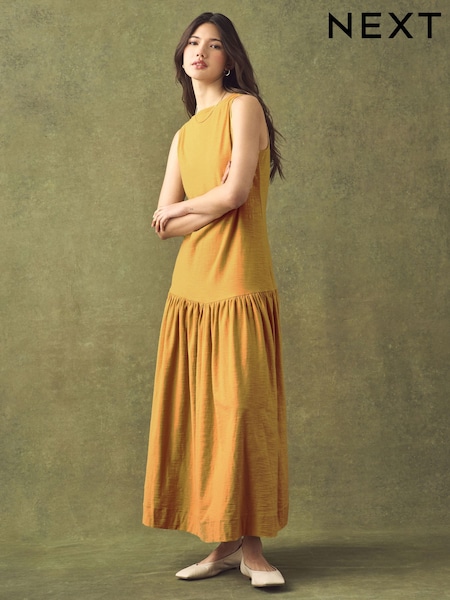 Ochre Yellow Sleeveless Drop Waist 100% Cotton Crew Neck Midi Dress (AK3974) | £28