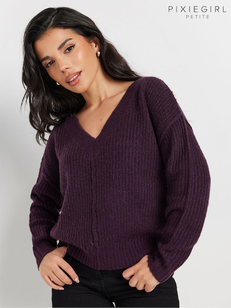 PixieGirl Petite Purple Cable Knit V-Neck Jumper (AK4050) | £31